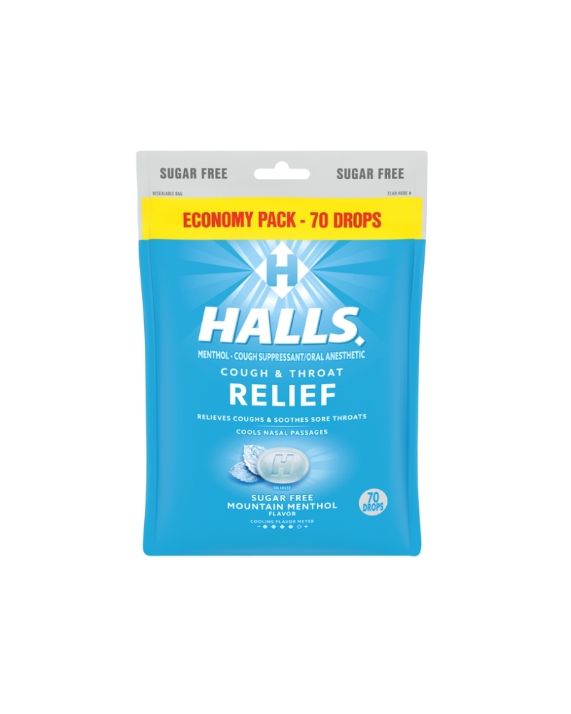 HALLS RELIEF SUGAR FREE MOUNTAIN MENTHOL FLAVOR COUGH DROPS GETHALLS